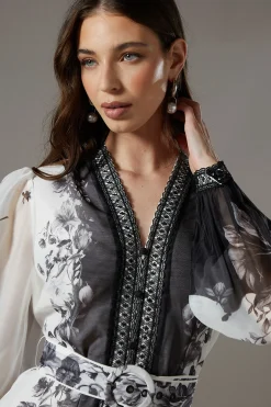 Robe Chemise en Organza Imprimé à Bordure