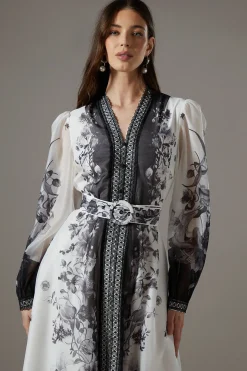 Robe Chemise en Organza Imprimé à Bordure