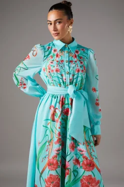 Robe Chemise en Organza à Imprimé Bordure