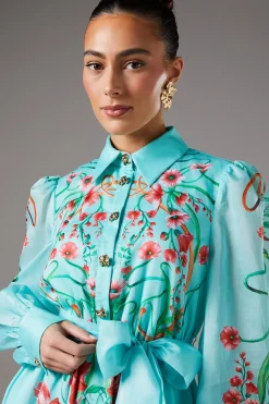 Robe Chemise en Organza à Imprimé Bordure