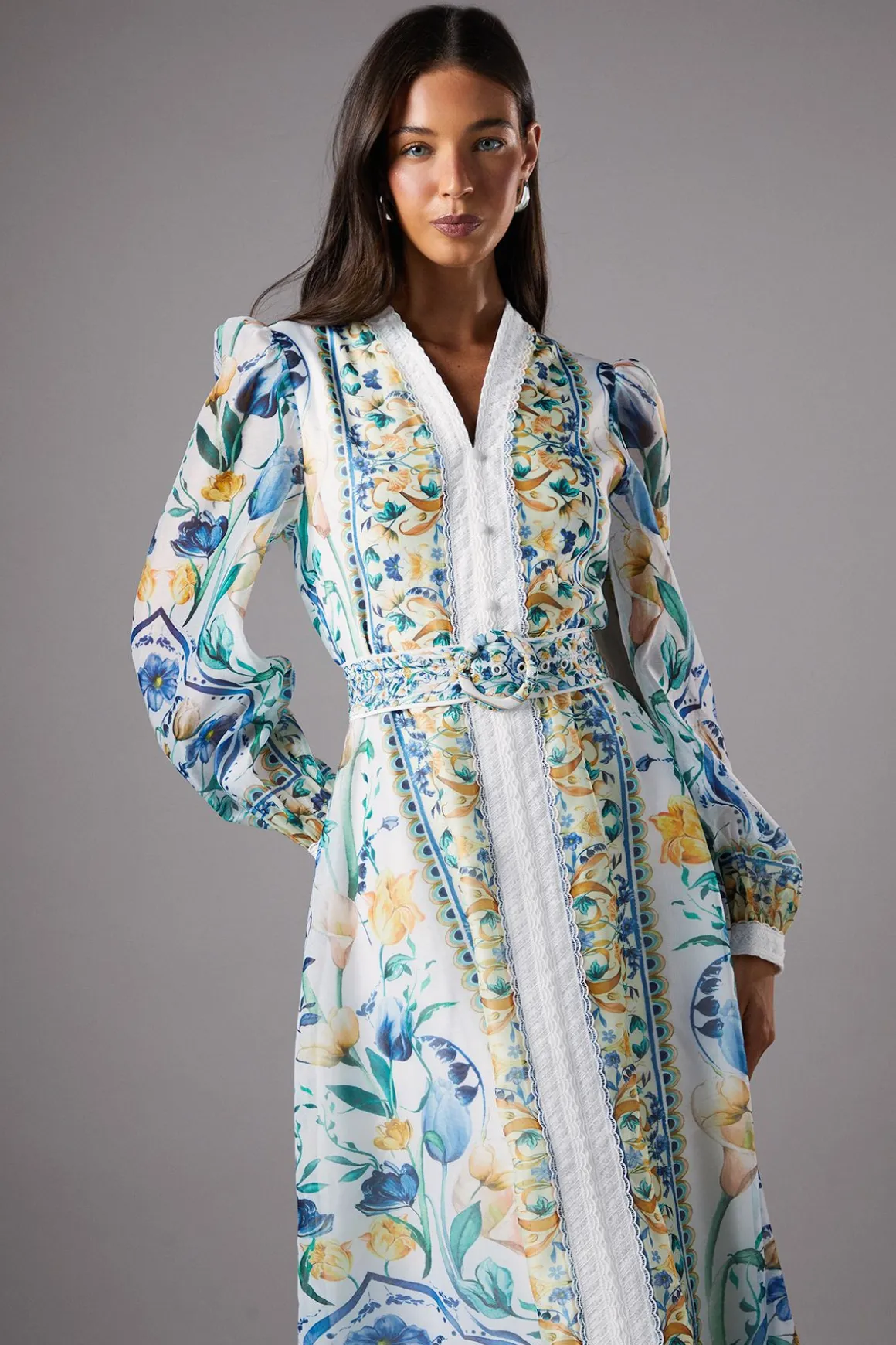 Robe Chemise en Organza Imprimé à Bordures