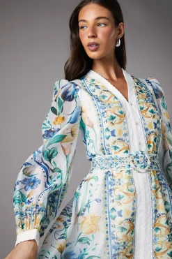 Robe Chemise en Organza Imprimé à Bordures