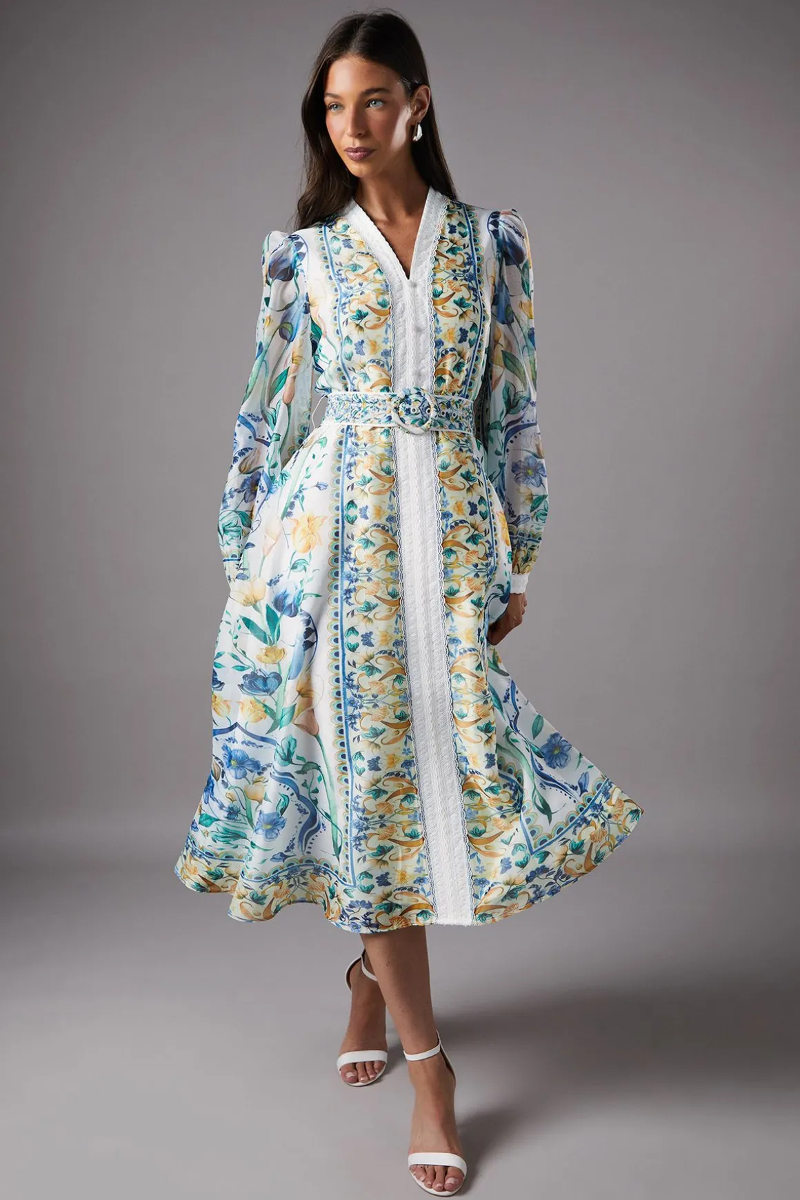 Robe Chemise en Organza Imprimé à Bordures