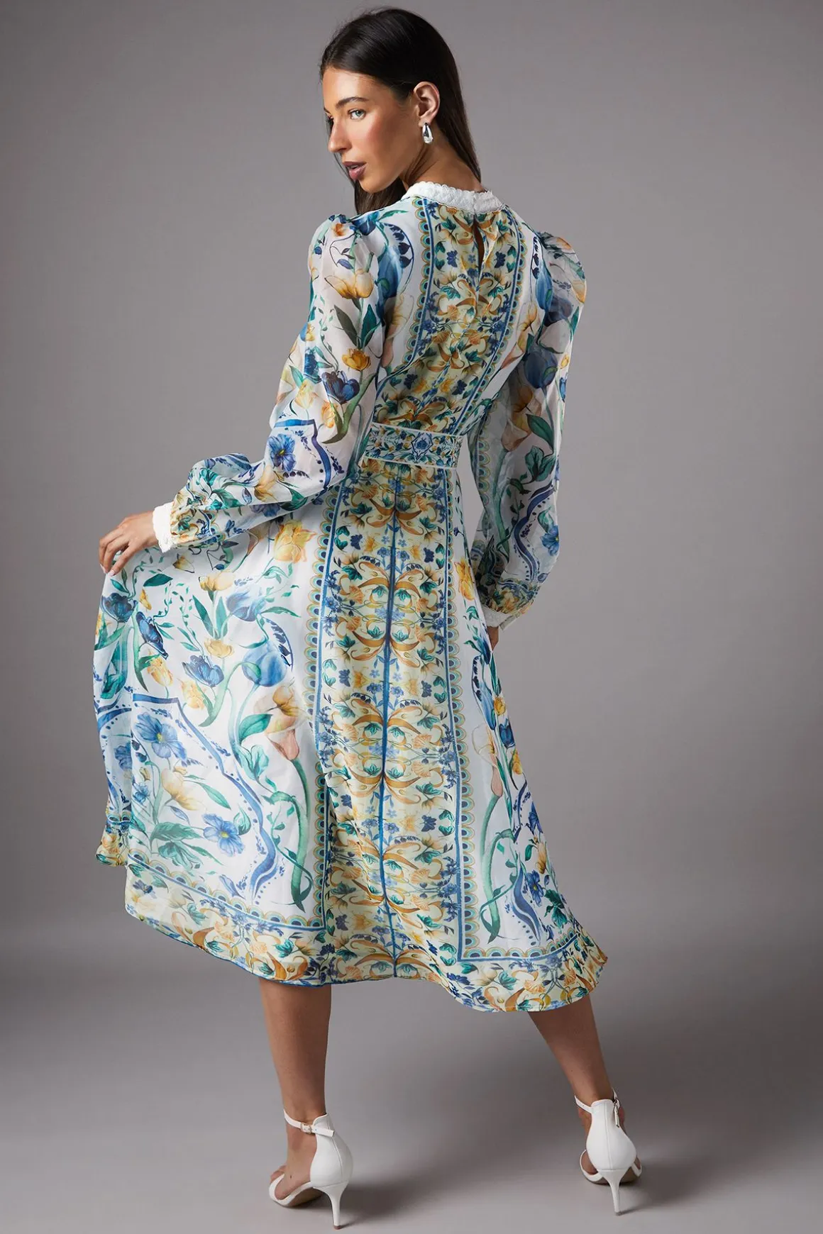 Robe Chemise en Organza Imprimé à Bordures