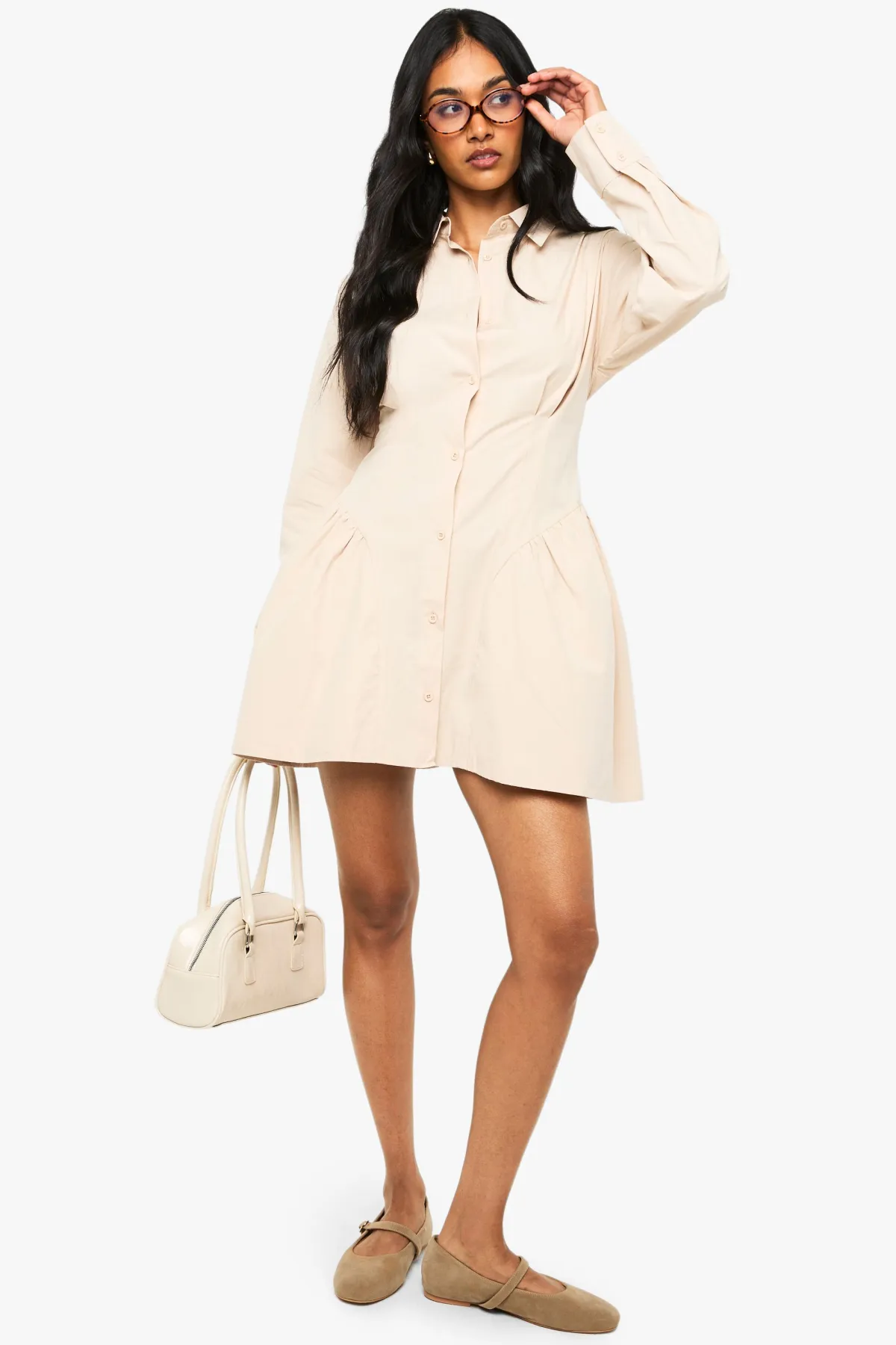 boohoo Robe chemise en popeline à ourlet volumineux<Femme Robes À Manches Longues|Robes