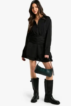 Robe-chemise en satin froncé