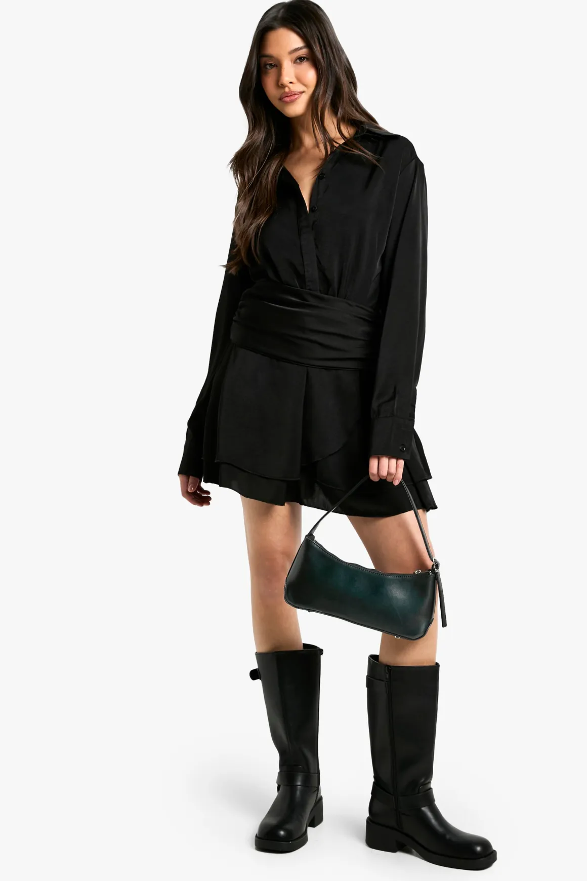 Robe-chemise en satin froncé