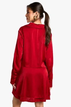 Robe chemise en satin à fronces