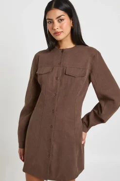 Robe Chemise en Sergé à Manches Bouffantes avec Boutonnage