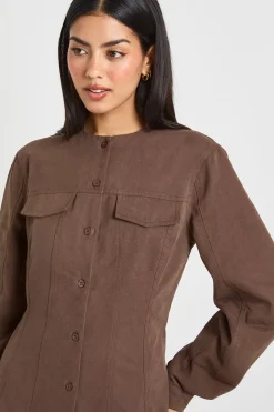 Robe Chemise en Sergé à Manches Bouffantes avec Boutonnage
