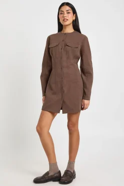 Robe Chemise en Sergé à Manches Bouffantes avec Boutonnage