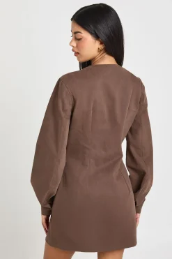 Robe Chemise en Sergé à Manches Bouffantes avec Boutonnage