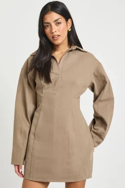 Robe Chemise en Sergé à Taille Cintrée