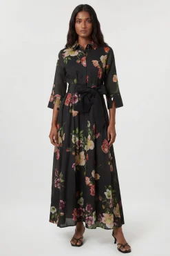 Robe chemise en soie et coton tissé à fleurs printanières