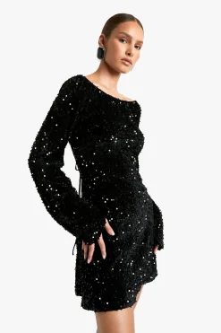 Robe chemise en velours à sequins avec dos noué