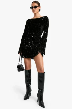 Robe chemise en velours à sequins avec dos noué