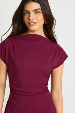 Robe chemise froncée à encolure haute et manches cap