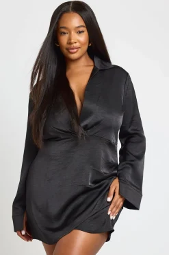 boohoo Robe Chemise Grande Taille En Satin Texturé À Col<Femme Satin Et Dentelle|Robes À Manches Longues