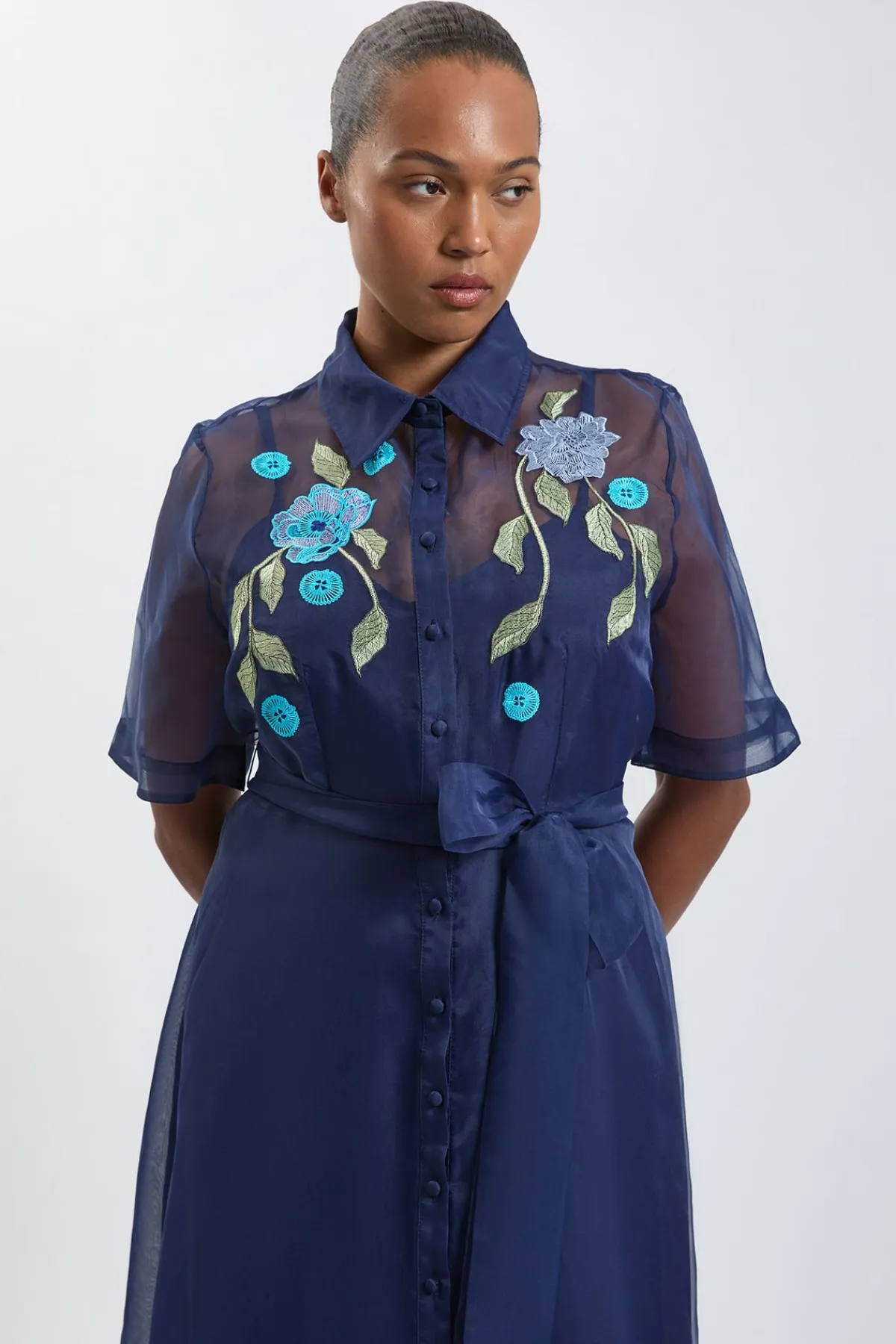 KarenMillen Robe Chemise Grande Taille En Organdi Ceinturée À Détails Brodés<Femme Robes Mi-Longues|Robes