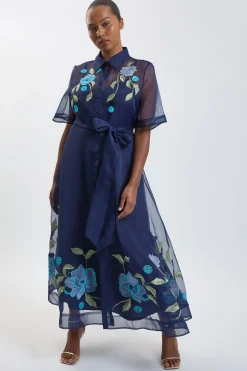 KarenMillen Robe Chemise Grande Taille En Organdi Ceinturée À Détails Brodés<Femme Robes Mi-Longues|Robes