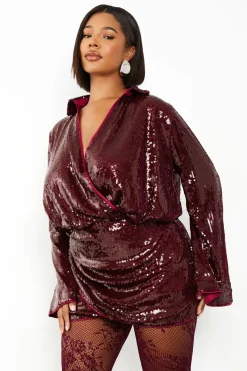 Robe chemise grande taille à paillettes drapée et manches évasées