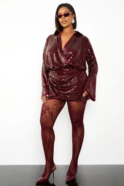 Robe chemise grande taille à paillettes drapée et manches évasées