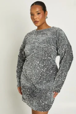 boohoo Robe chemise grande taille à sequins et manches chauve-souris<Femme Robes À Manches Longues|Robes