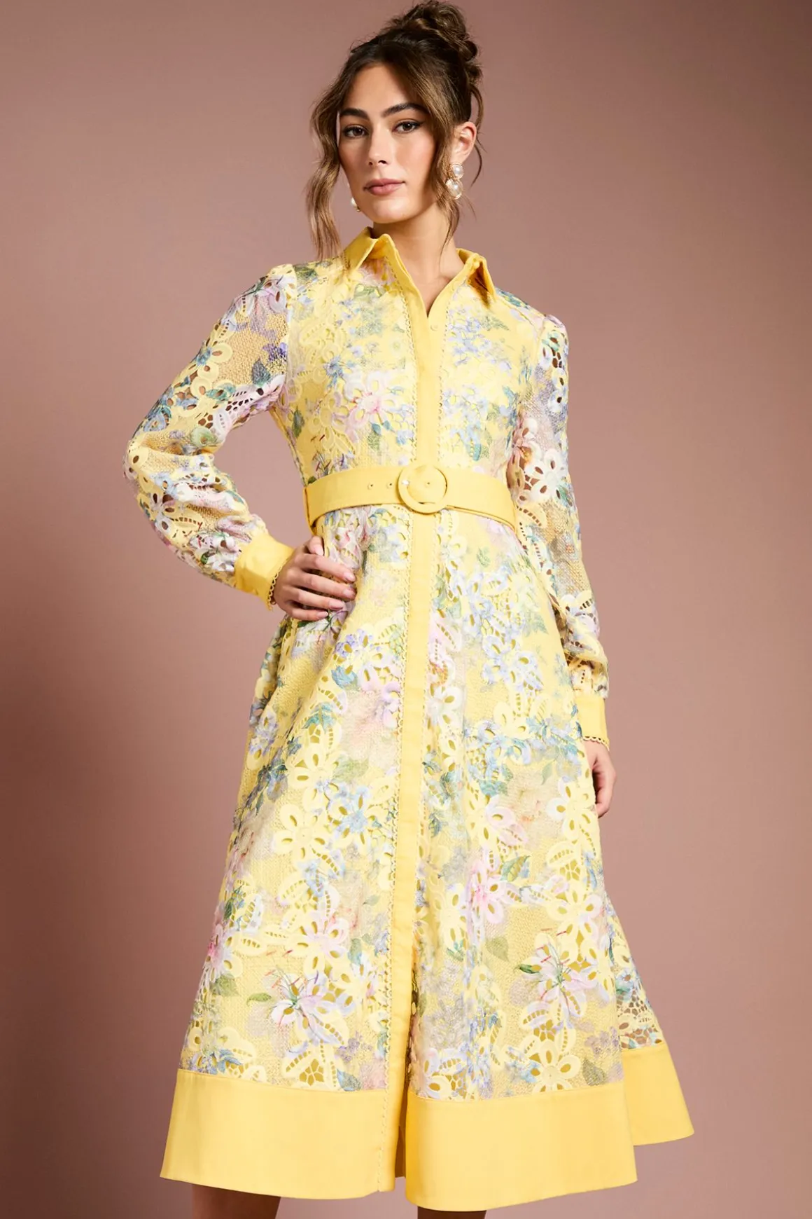 Robe Chemise Imprimée à Dentelle Ajourée