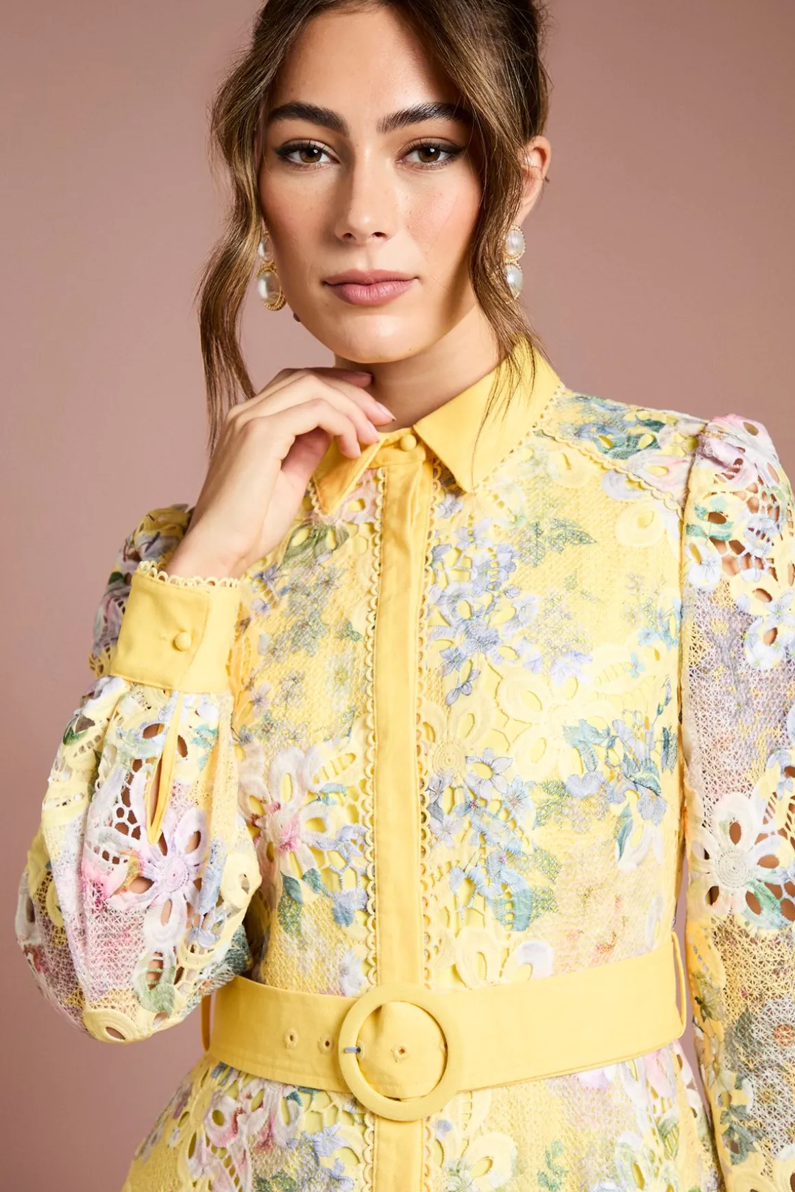 Robe Chemise Imprimée à Dentelle Ajourée