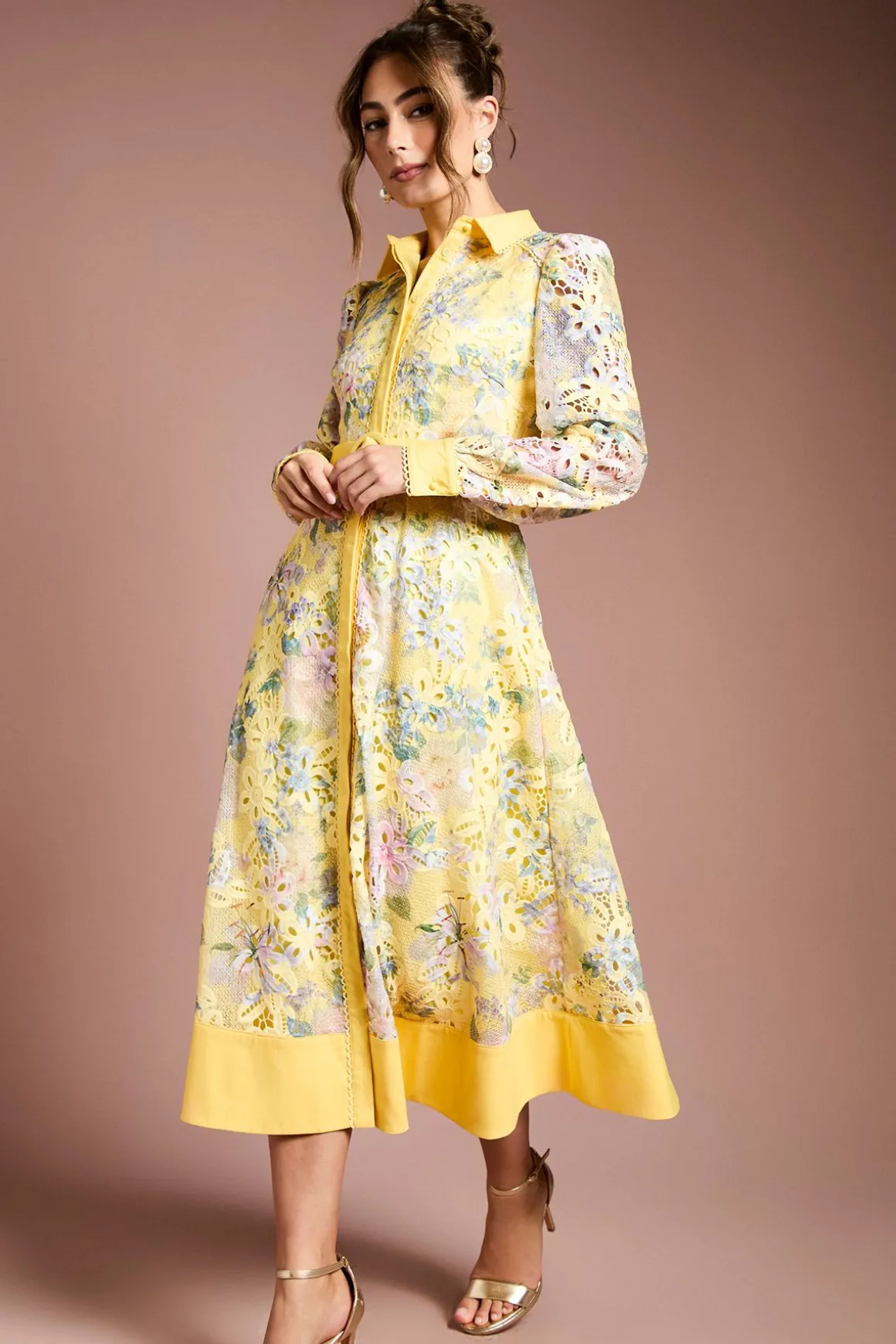 Robe Chemise Imprimée à Dentelle Ajourée