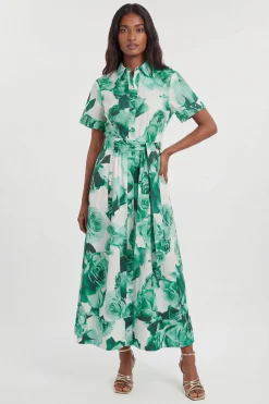 KarenMillen Robe Chemise Longue Ceinturée À Imprimé Floral Roses En Satin De Coton Tissé Petite Taille<Femme Robes Chemise|Toutes Les Robes
