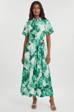 KarenMillen Robe Chemise Longue Ceinturée À Imprimé Floral Roses En Satin De Coton Tissé Petite Taille<Femme Robes Chemise|Toutes Les Robes
