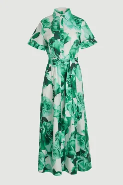 KarenMillen Robe Chemise Longue Ceinturée À Imprimé Floral Roses En Satin De Coton Tissé Petite Taille<Femme Robes Chemise|Toutes Les Robes