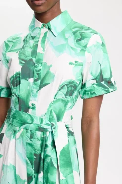Robe Chemise Longue Ceinturée En Satin De Coton À Imprimé Floral De Roses
