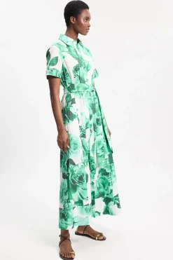 Robe Chemise Longue Ceinturée En Satin De Coton À Imprimé Floral De Roses