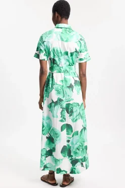 Robe Chemise Longue Ceinturée En Satin De Coton À Imprimé Floral De Roses