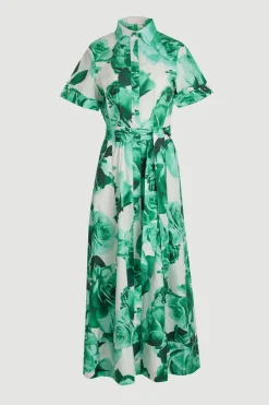 Robe Chemise Longue Ceinturée En Satin De Coton À Imprimé Floral De Roses