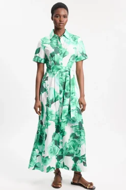 Robe Chemise Longue Ceinturée En Satin De Coton À Imprimé Floral De Roses