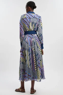 Robe-chemise Longue En Georgette De Viscose Imprimée Motifs Géométriques