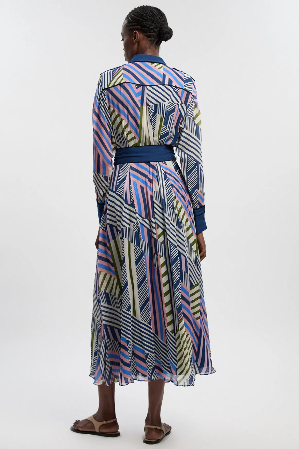 Robe-chemise Longue En Georgette De Viscose Imprimée Motifs Géométriques