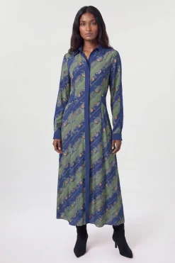 Robe Chemise Longue À Rayures Kaki Avec Col