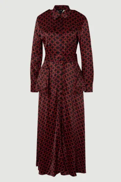 Robe Chemise Maxi Ceinturée En Viscose Satinée Imprimée Ajustée