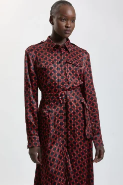Robe Chemise Maxi Ceinturée En Viscose Satinée Imprimée Ajustée
