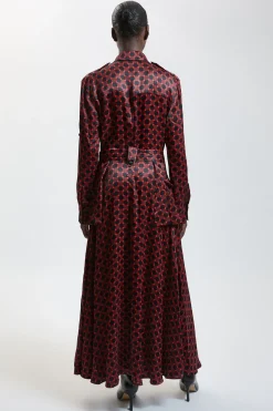 Robe Chemise Maxi Ceinturée En Viscose Satinée Imprimée Ajustée
