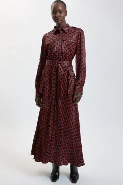 Robe Chemise Maxi Ceinturée En Viscose Satinée Imprimée Ajustée