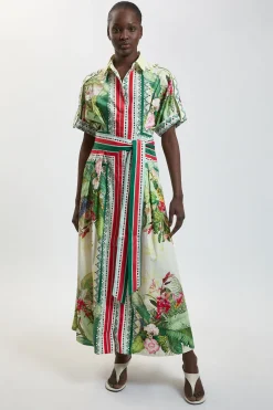 Robe Chemise Maxi Ceinturée En Satin De Coton À Motif Floral Tissé