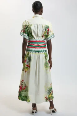 Robe Chemise Maxi Ceinturée En Satin De Coton À Motif Floral Tissé
