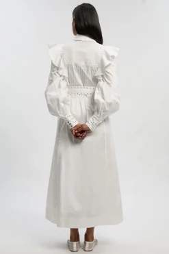 Robe Chemise Maxi En Coton Sateen À Manches Bouffantes Brodées Et Ceinture Cloutée