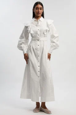 Robe Chemise Maxi En Coton Sateen À Manches Bouffantes Brodées Et Ceinture Cloutée