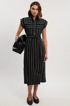 Robe Chemise Maxi en Coton Tissé à Rayures Audacieuses